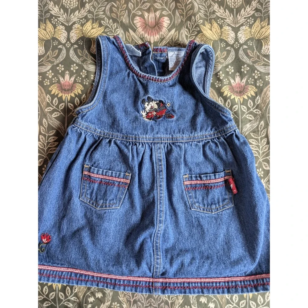 Vintage 90s Minnie Mouse Denim Overall Dress 18 Months Embroidered Mickey Kiss